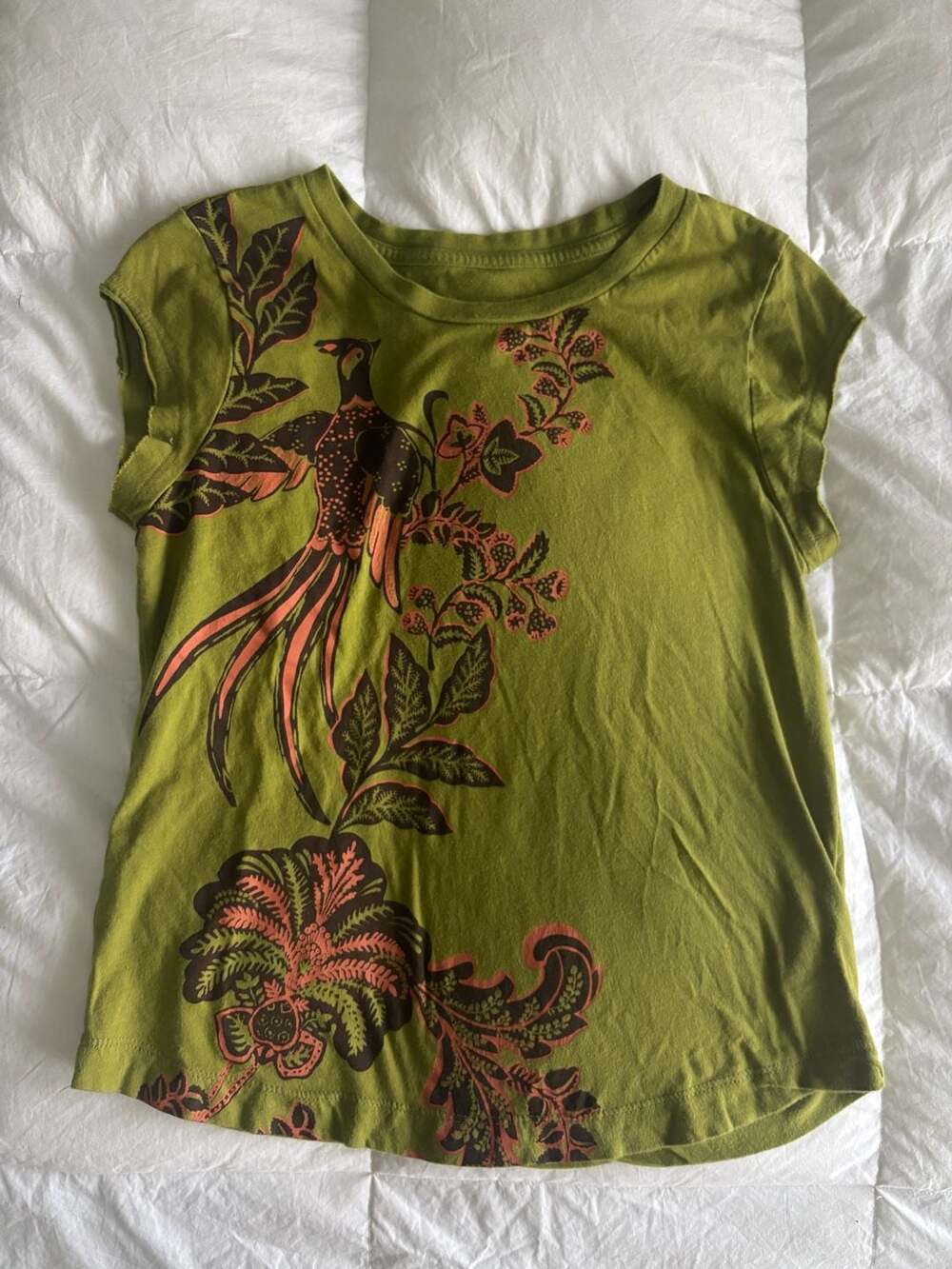 Anthropologie Green Floral Bird Print Tee Bohemian Earthy vintage